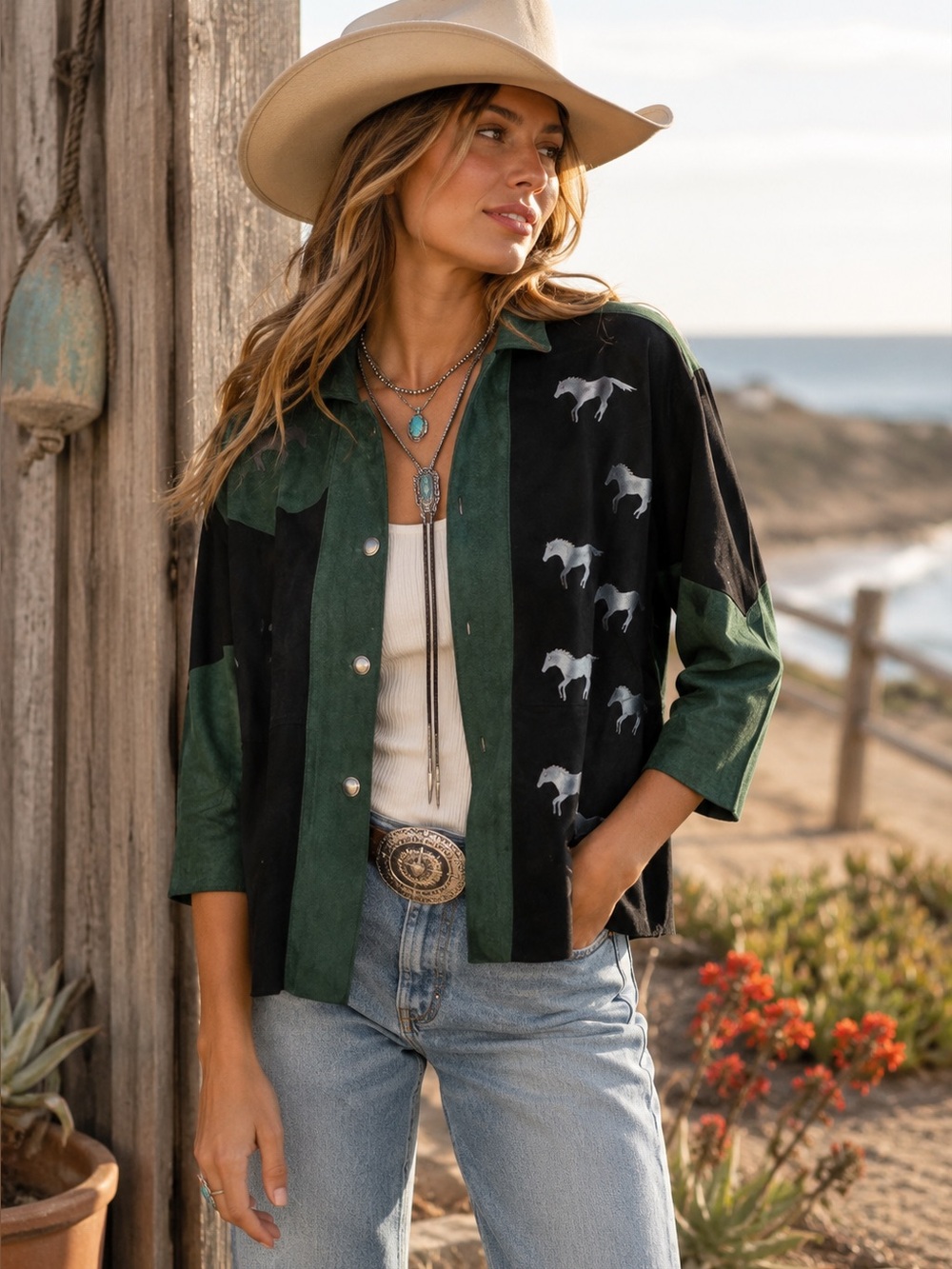 VINTAGE THISTLES WEST Black and Green Suede Snap Front Southwest Jacket, L